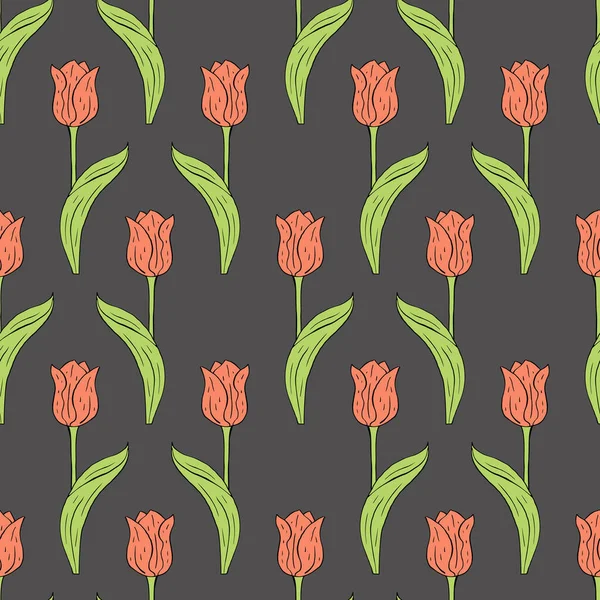 Patrón vintage sin costuras con flores de tulipanes rosados y hojas en gris — Archivo Imágenes Vectoriales