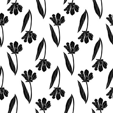 Tek renkli, dikdörtgen desenli, laleli, çiçekli, beyaz üzerine siyah siluet.