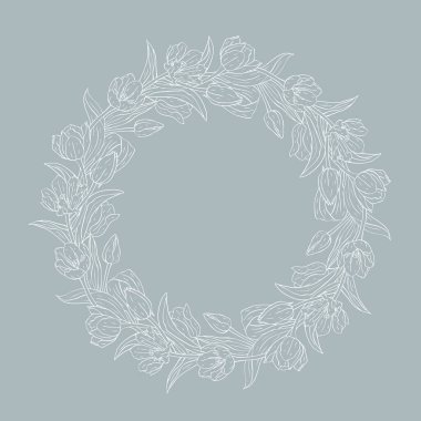 Tek renkli çizgili sanat laleleri çiçek çelenkleri gri renkte izole edilmiş.