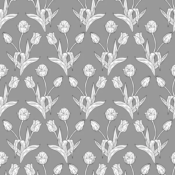 Vintage modello senza soluzione di continuità con bianco e nero linea d'arte tulipani fiori e foglie su grigio — Vettoriale Stock
