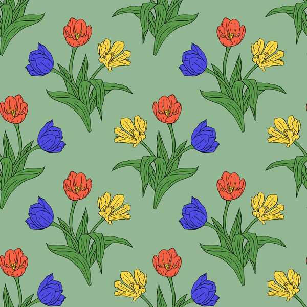Motif vintage sans couture avec des fleurs et des feuilles de tulipes d'art en ligne rouge et jaune sur vert — Image vectorielle