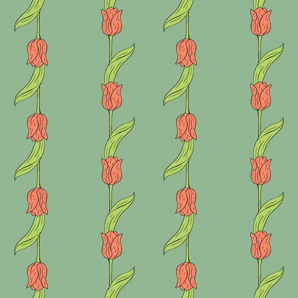 Винтажный бесшовный узор с розовыми цветками тюльпанов и листьями на зеленом — стоковый вектор