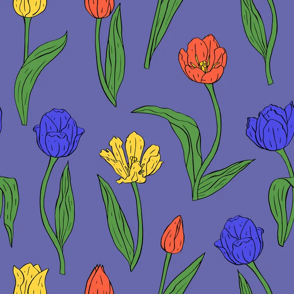 Vintage nahtlose Muster mit roten und gelben Linie Kunst Tulpen Blumen und Blätter auf blau — Stockvektor