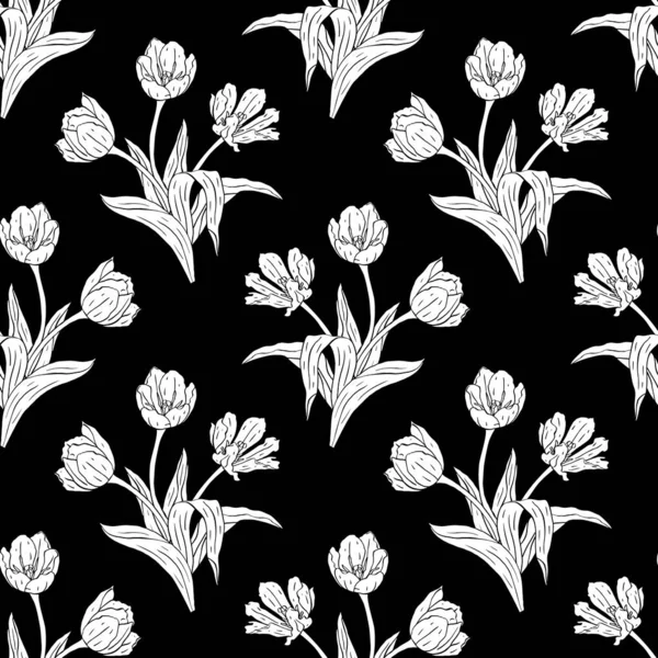 Padrão sem costura vintage monocromático com tulipas flores silhuetas brancas em preto — Vetor de Stock