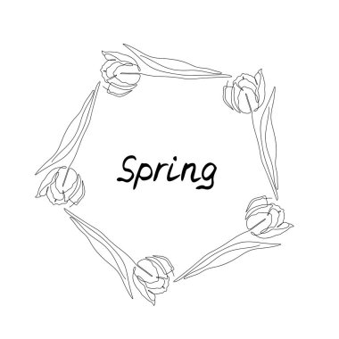 Bir satır lale çiçeği çelengi ve metin ilkbaharı.