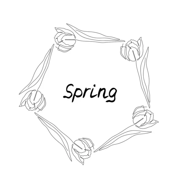 Une ligne couronne de fleurs de tulipes avec texte Printemps. — Image vectorielle