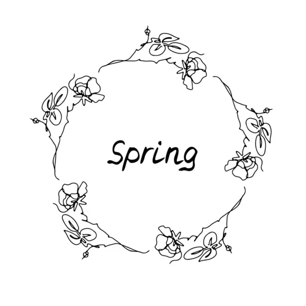 Una corona di fiori rosa linea con testo Primavera. — Vettoriale Stock
