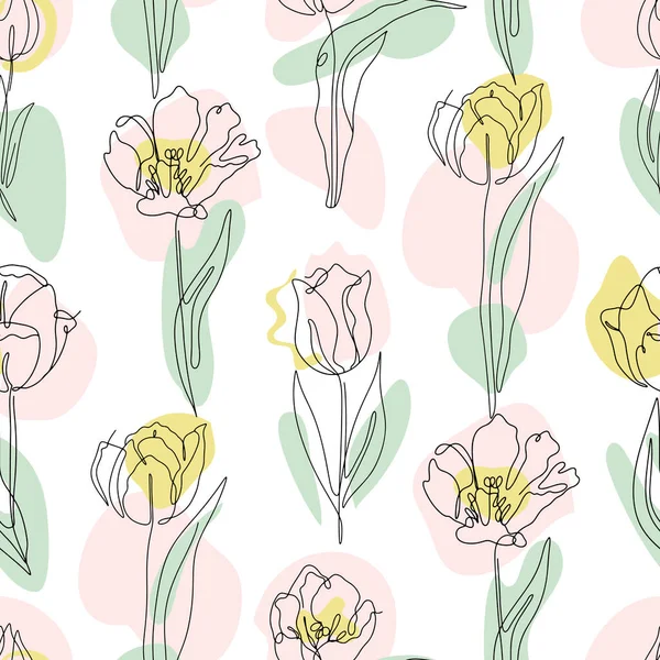 Nahtloses Muster mit einzeiligen Tulpenblüten-Zeichnungen und pastellfarbenen abstrakten Formen — Stockvektor
