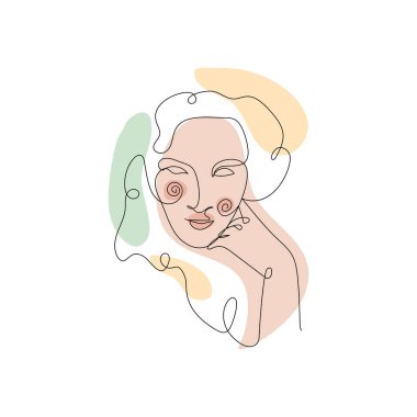 Dişi yüz tek çizgi çizimi ve pastel soyut şekiller