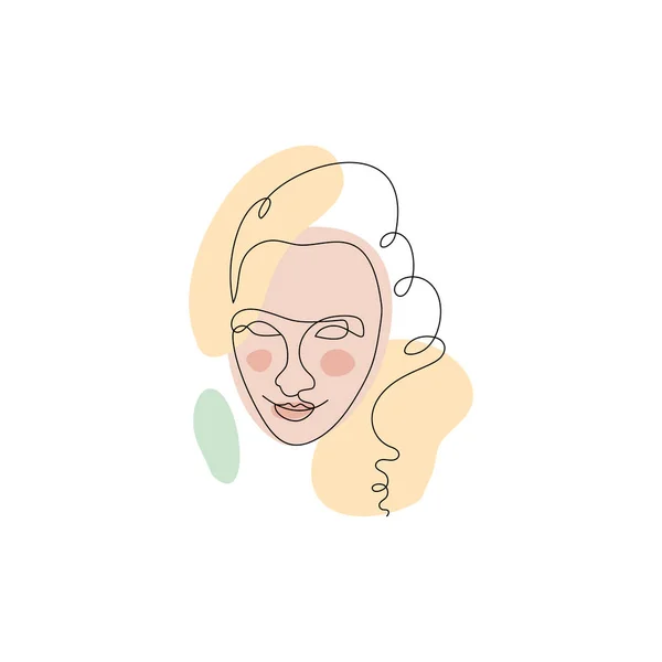 Dibujo de una sola línea de cara femenina y composición de formas abstractas pastel — Vector de stock