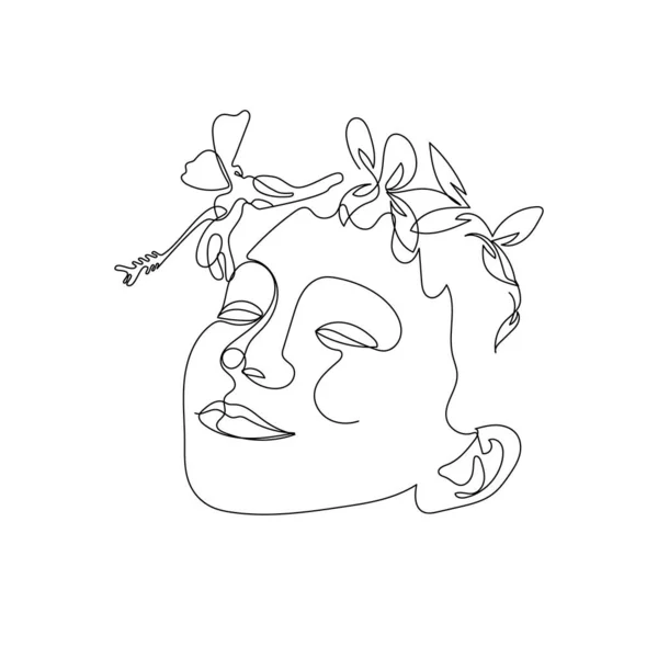 Een enkele lijn tekening meisje gezicht met hibiscus bloem — Stockvector