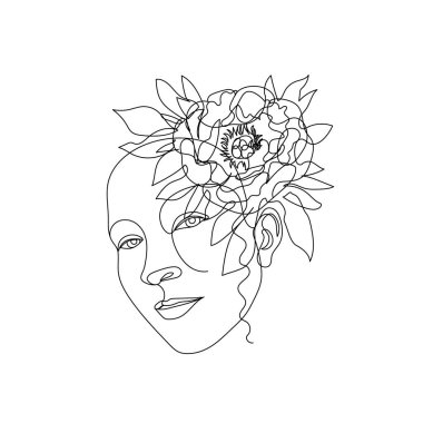 Şakayık çiçekli kız yüzü çizen tek bir çizgi