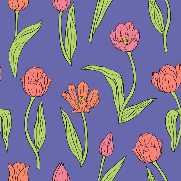 Ročník bezešvé vzor s růžovými tulipány květiny a listy na modré — Stockový vektor