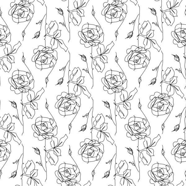 Černobílý bezešvý vzor s kresbami růžových květin. — Stockový vektor
