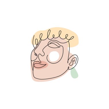 Dişi yüz tek çizgi çizimi ve pastel soyut şekiller