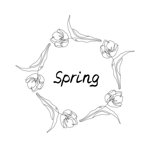 One line tulip flowers wreath with text Spring. — Stock Vector