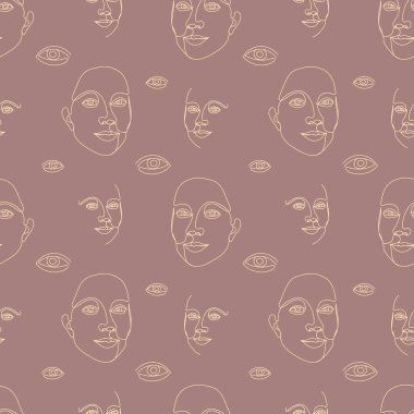 Kusursuz desenli, tek çizgi çizilmiş kadın yüzü.