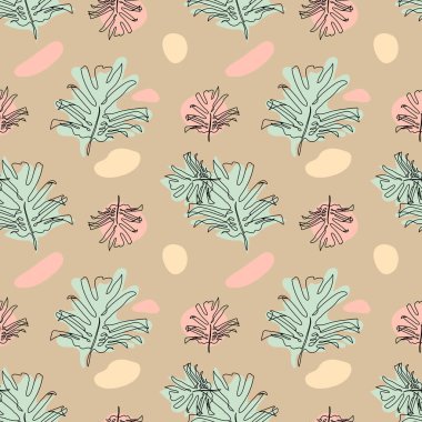 Kusursuz desenli, tek çizgi halinde canavar yaprakları ve soyut şekiller.