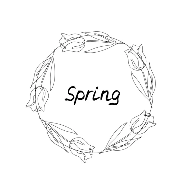 One line tulip flowers wreath with text Spring. — Stock Vector