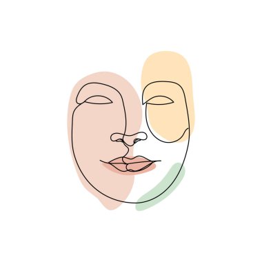 Dişi yüz tek çizgi çizimi ve pastel soyut şekiller