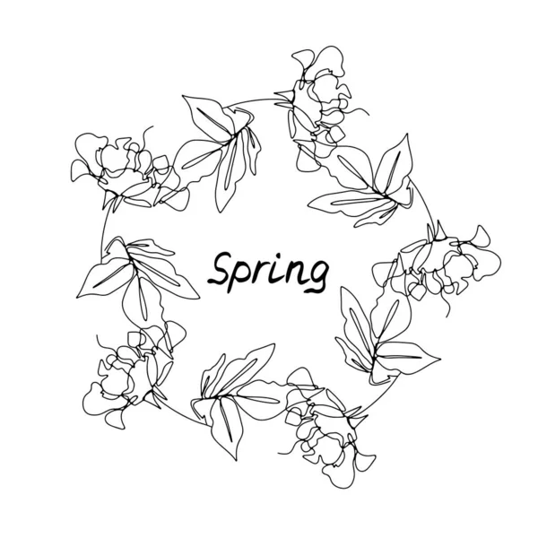 One line rose flowers wreath with text Spring. — Stock Vector