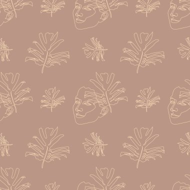 Kusursuz desenli, tek çizgili kadın yüzü ve çiçek çizimleri.