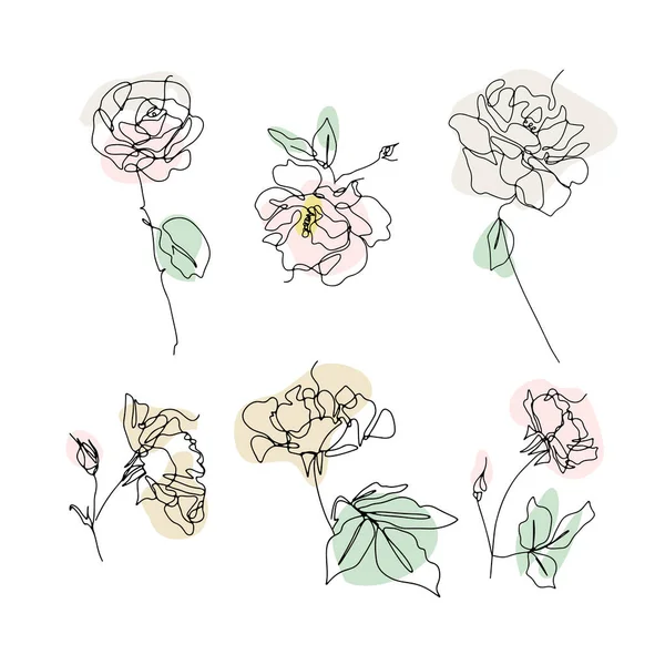 Conjunto de una línea de dibujo rosas clip art. Flor de una sola línea dibujada a mano con formas abstractas neutras — Vector de stock