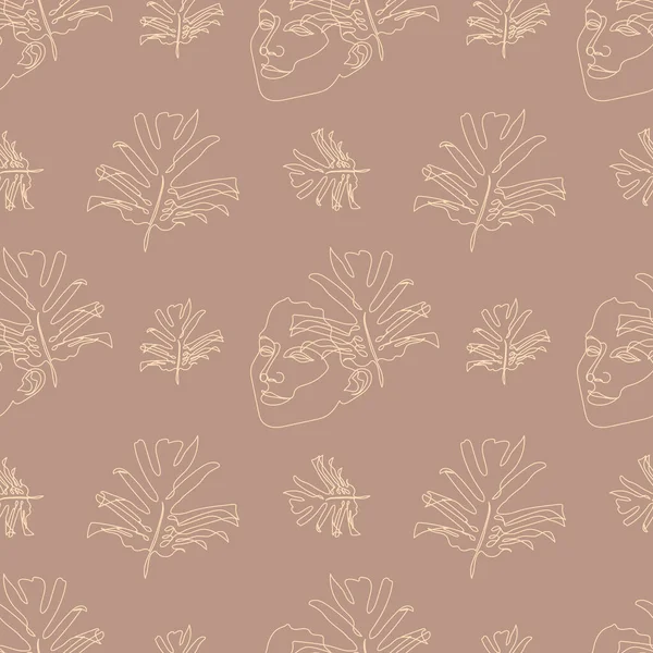 Kusursuz desenli, tek çizgili kadın yüzü ve çiçek çizimleri.