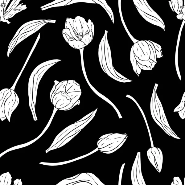 Монохромний вінтажний безшовний візерунок з тюльпанами квіти білі силуети на чорному — стоковий вектор