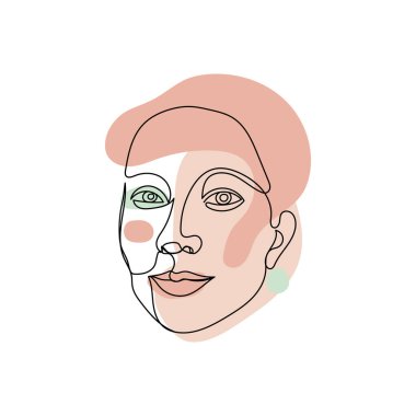 Dişi yüz tek çizgi çizimi ve pastel soyut şekiller
