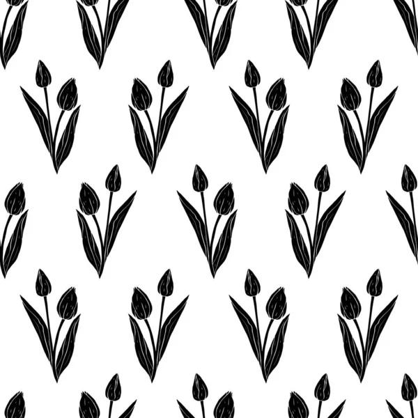Monochrome vintage seamless pattern with tulips flowers black silhouettes on white — Stock Vector