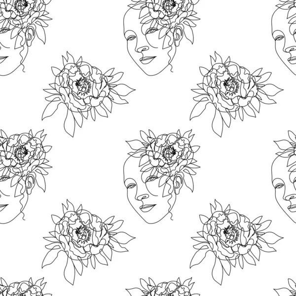 Seamless pattern with one single line drawings of female face and flowers — Stock Vector