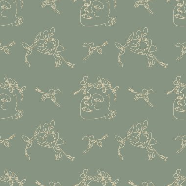 Kusursuz desenli, tek çizgili kadın yüzü ve çiçek çizimleri.