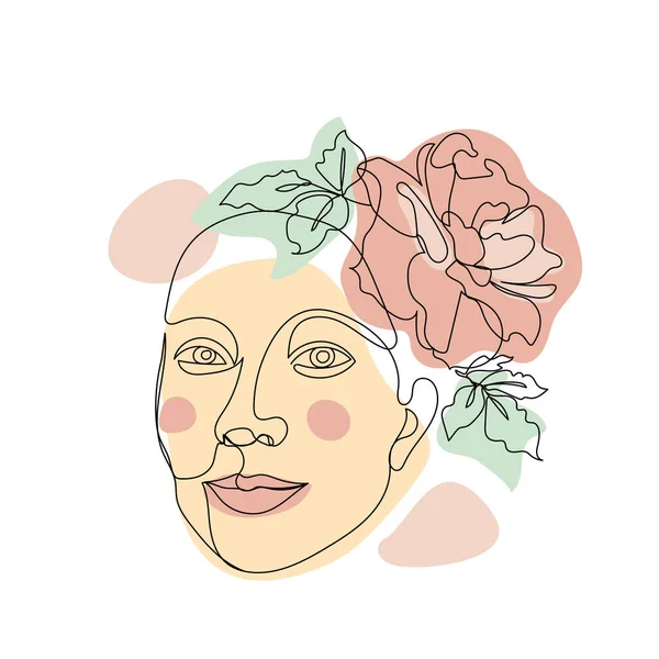 One single line drawing girl face with rose flower and pastel neutral shapes — стоковый вектор