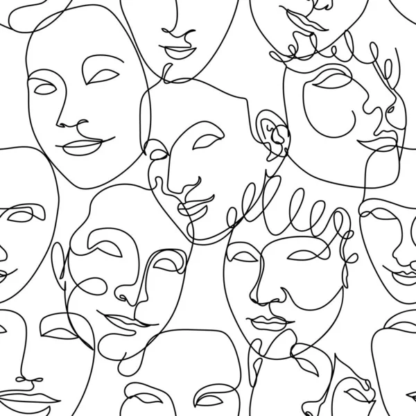 Seamless pattern with black one single line drawings of female faces. —  Vetores de Stock