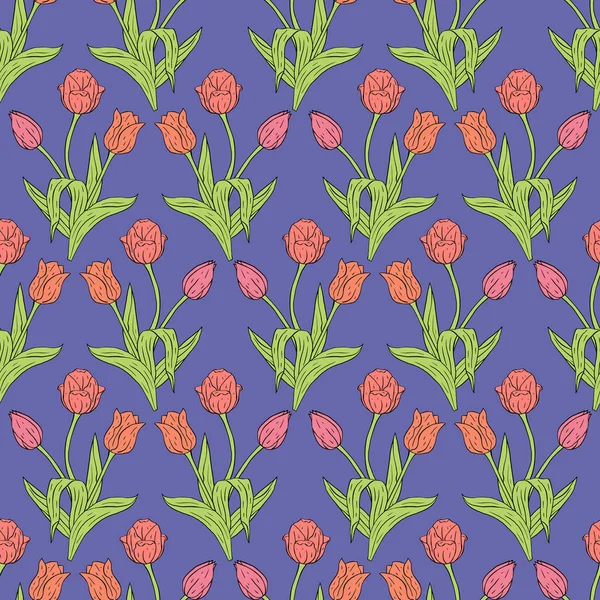 Vintage nahtlose Muster mit rosa Tulpenblüten und Blättern auf blau — Stockvektor
