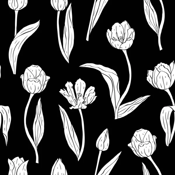 모노크롬 빈티지 미풍 무늬와 튤립 꽃이 피는 검은 색 실루엣 — 스톡 벡터
