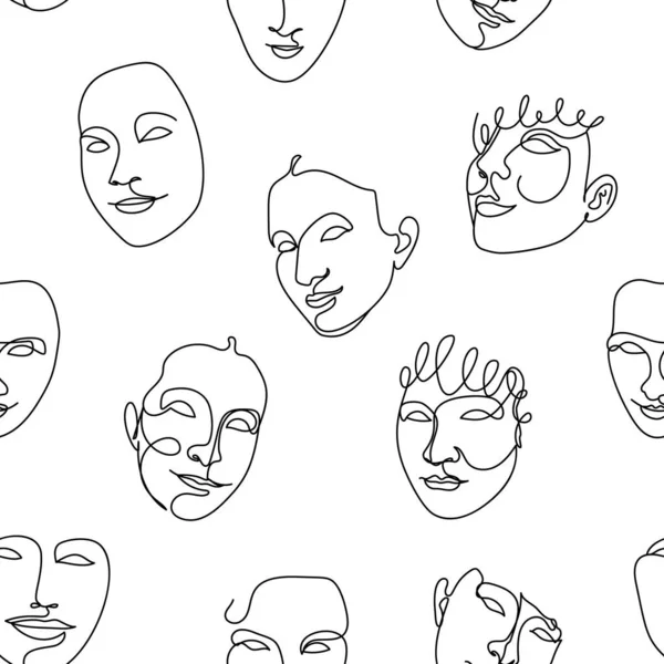 Seamless pattern with black one single line drawings of female faces. — Image vectorielle