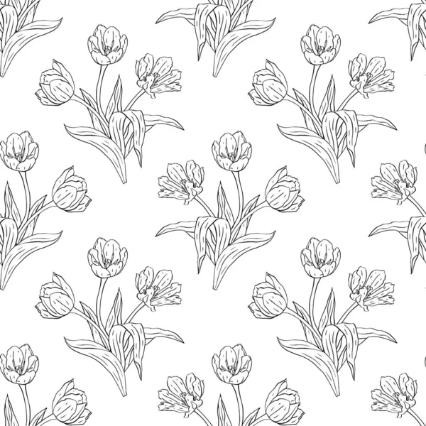 Motivo monocromatico in bianco e nero vintage senza cuciture con linea arte tulipani fiori su bianco — Vettoriale Stock