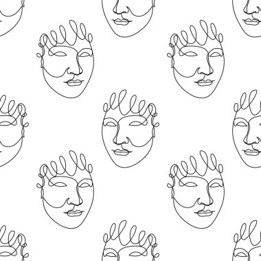 Kusursuz desenli, tek bir çizgili kadın yüzü çizimi..