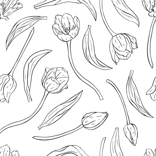 Patrón monocromo negro y blanco vintage sin costuras con tulipanes de línea de arte flores en blanco — Vector de stock