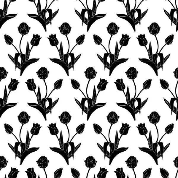 モノクロームヴィンテージシームレスパターンとチューリップの花の黒いシルエット白の背景 — ストックベクタ