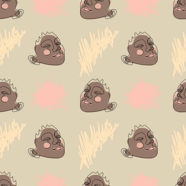 Kusursuz desenli, tek çizgili, koyu tenli ve soyut karalama şekilli kadın yüzü çizimleri. Topraksı arka planda