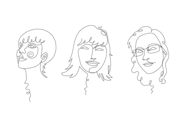 Conjunto Dibujos Una Sola Línea Cara Femenina Retratos Mujer Arte — Vector de stock