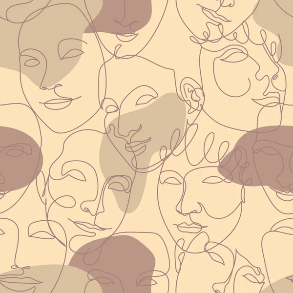 女性の顔と抽象的な形の一本の線画でシームレスなパターン 白地に — ストックベクタ