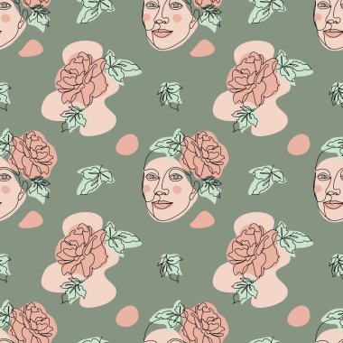 Kusursuz desenli, tek çizgi çizilmiş kadın yüzü, şakayık çiçekleri ve soyut şekiller. Yeşil arkaplanda siyah çizgi