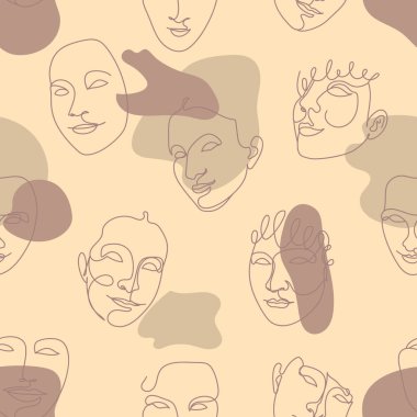 Kusursuz desen, tek çizgi çizilmiş kadın yüzü ve soyut şekiller. Bej arkaplanda.