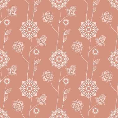 Kusursuz desenli, saf çiçekli, beyaz hatlı. Pembe arka planda