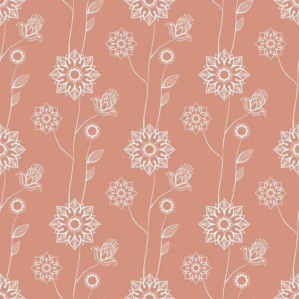 Seamless Pattern Simple Naive Flowers White Contour Pink Background — Stockvektor