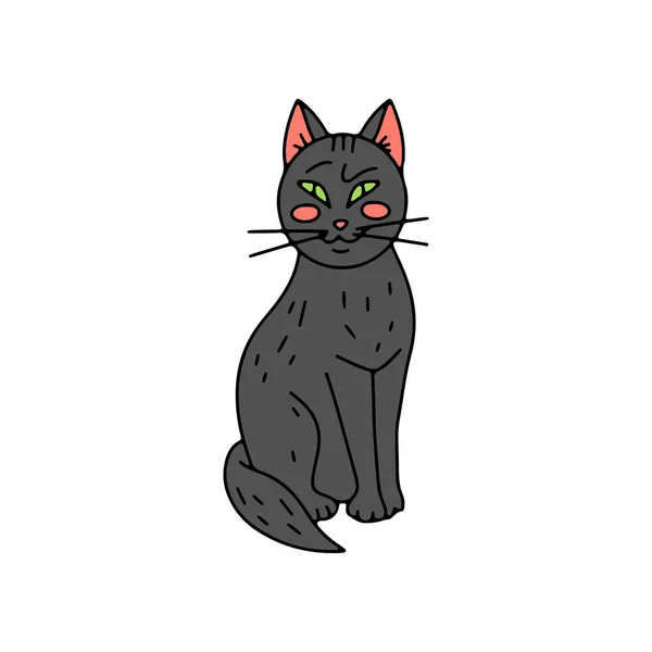 Cute Sly Grinning Cat Hand Drawn Line Art Halloween Illustration — 스톡 벡터